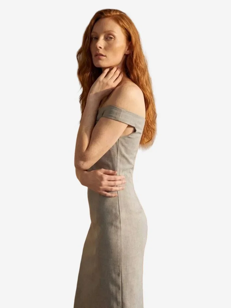 MY FASHION Grey MY FASHION Off Shoulder Bodycon Maxi Dress with Slit for Women | Best Price UAE